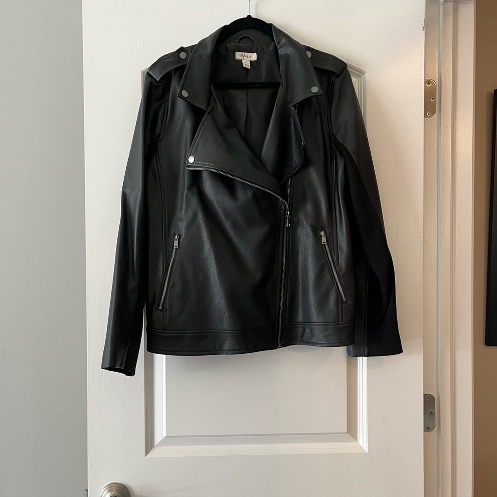 Style & Co Black Faux Leather Moto Jacket Asymmetrical Zipper
